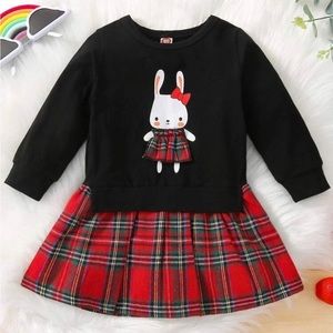 Baby Rabbit Print Tartan Panel 2 In 1 Plaid Red/Blk Sweatshirt Dress 6-9 Months